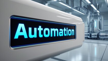 Futuristic industrial control room with a glowing "Automation" sign and advanced machinery in a clean, high-tech environment.