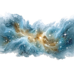 An ethereal cosmic cloud with stars shimmers against a white background.