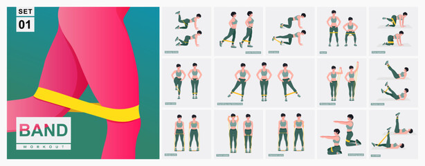 Resistance band Workout Set. Women doing fitness and yoga exercises.