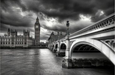 London Houses of Parliament, Big Ben, and a bridge under a dramatic sky