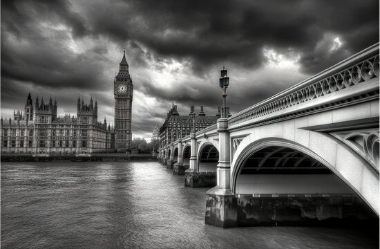 Fototapeta London Houses of Parliament, Big Ben, and a bridge under a dramatic sky