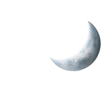 Crescent moon shines brightly against a clear white background at nighttime.