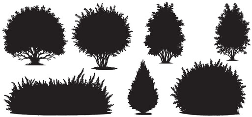 silhouette trees shrubs and bushes. isolated on white background