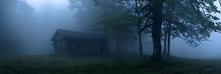 Fototapeta premium Mysterious old wooden cabin partially obscured by dense fog in a clearing, with trees silhouetted in the background. Evokes a moody, eerie, or secluded atmosphere. 