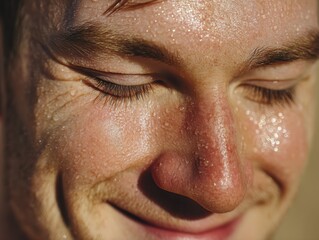 Fototapeta premium Closeup of smiling Caucasian man's face with closed eyes and glowing skin covered in sweat droplets expressing satisfaction heat endurance and connection to natural outdoor summer environment