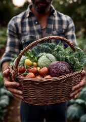 Freshly picked vegetables in a woven basket from a vibrant garden in the afternoon sun