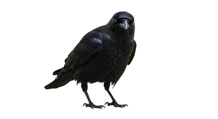 Fototapeta premium A striking black raven stands poised on a surface, showcasing its glossy feathers and keen gaze, with a blurred natural background