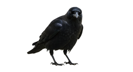 A striking black raven stands poised on a surface, showcasing its glossy feathers and keen gaze, with a blurred natural background