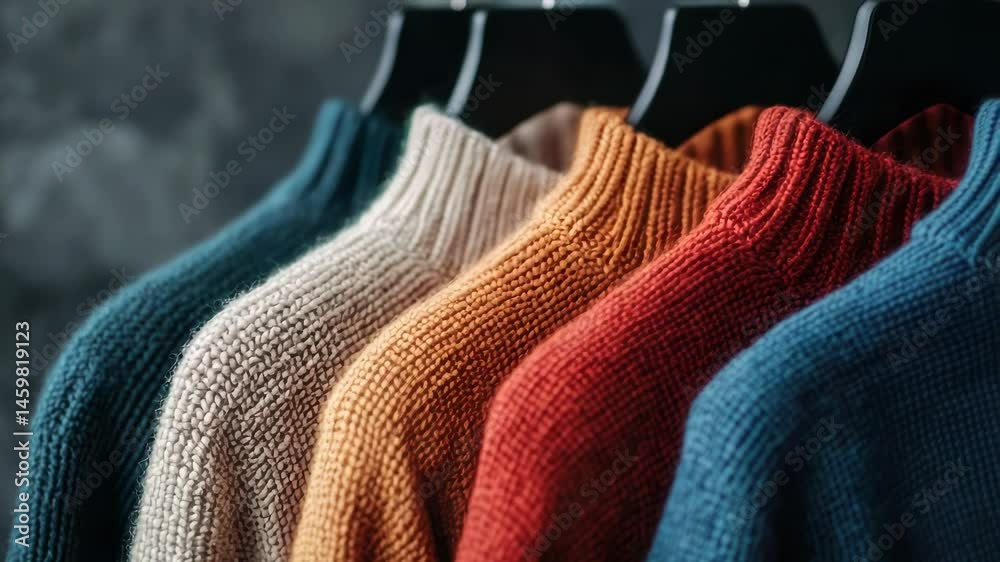 Poster a row of sweaters hanging on a rack in a store or closet