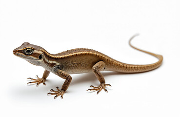 Fototapeta premium Brown lizard isolated on white background. Reptile has detailed skin texture, eye with depth, and long tail. Natural wildlife animal in studio. Ideal for educational content, biology, zoology topics.