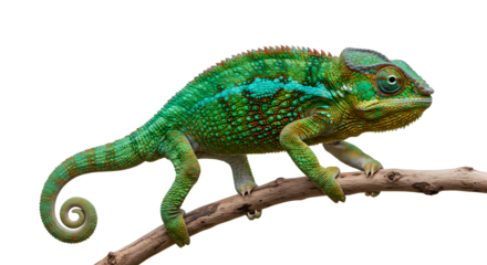 A vibrant chameleon perched on a branch, showcasing its colorful scales and unique features against a blurred natural backdrop