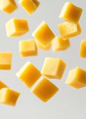 Floating Cubes of Fresh Yellow Cheese on a Light Background with Soft Focus Highlighting Texture and Color for Culinary and Food Photography Use