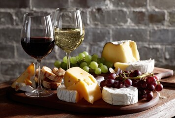 Exquisite Wine and Cheese Platter with Fresh Grapes and Bread on Rustic Wooden Board in Ambient Setting