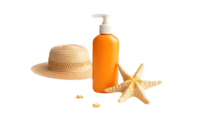 A vibrant orange sunscreen bottle next to a straw hat and a starfish, evoking a sunny beach day with seaside elements