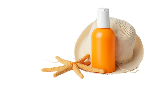 A vibrant orange sunscreen bottle placed beside a stylish sun hat and decorative starfish, evoking a summer beach vibe
