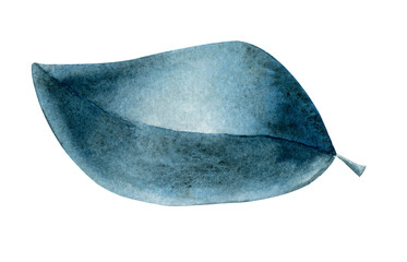 Blue watercolor leaf isolated on white background. Element of design.