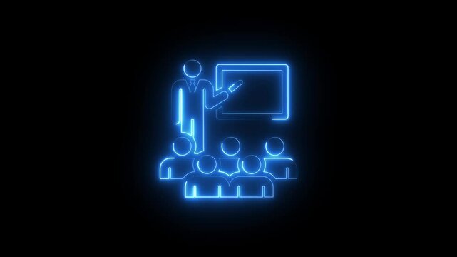 Neon students with class room icon animation.Teaching,training,presentation,Seminar and education concept.