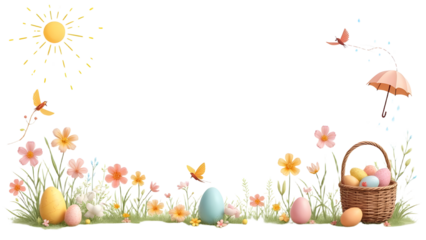 A vibrant spring scene featuring a sunny day with flowers, butterflies, and an Easter basket filled with colorful eggs