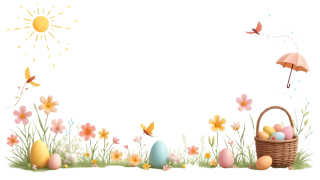 A vibrant spring scene featuring a sunny day with flowers, butterflies, and an Easter basket filled with colorful eggs
