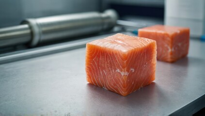 cube of raw salmon fillet in a laboratory environment