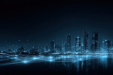 A futuristic city skyline at night with glowing blue digital network lines connecting buildings.
