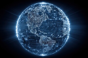 Obraz premium A glowing digital globe with circuit patterns represents global connectivity and technology.