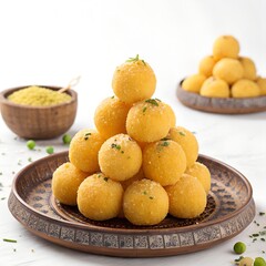 Delicious Golden Motichoor Ladoo Sweets Arranged in a Pyramid on a Decorative Plate