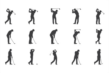 Set of Golf Silhouettes: Players Swinging, Putting, and Carrying Golf Clubs