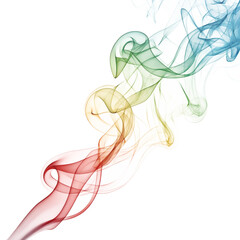Abstract flowing trails of red, yellow, green, and blue smoke or vapor isolated on a transparent background