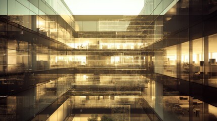 Modern glass building with digital grid overlay