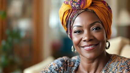 Portrait of smiling middle aged African american woman with headscarf at home. Mid adult black woman with turban looking at camera. Happy mid mature lady wearing traditional african scarf on head. il