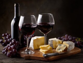 Elegant Setting with Red Wine Glasses, Assorted Cheese, Grapes, and a Bottle of Red Wine on a Wooden Board for Gourmet Gatherings