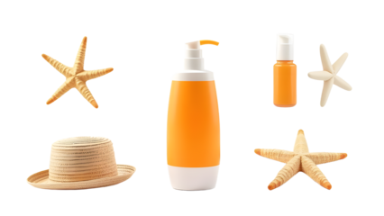 A vibrant summer scene featuring sunscreen bottles, a straw hat, and starfish, evoking beach relaxation and fun