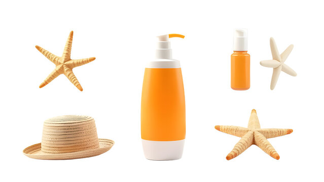 A vibrant summer scene featuring sunscreen bottles, a straw hat, and starfish, evoking beach relaxation and fun