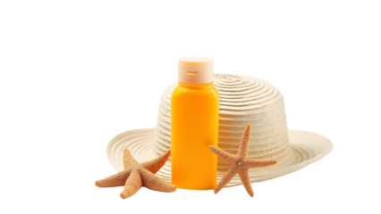 A vibrant yellow sunscreen bottle beside a straw hat and starfish, set against a bright, sunny beach background
