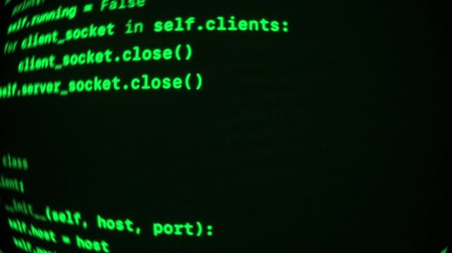 Macro shot of green coding lines on a dark computer screen. Software development or coding concept