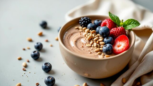 A bowl of chocolate smoothie topped with fresh berries, sunflower seeds, and mint leaves sits on a light surface with scattered blueberries around.