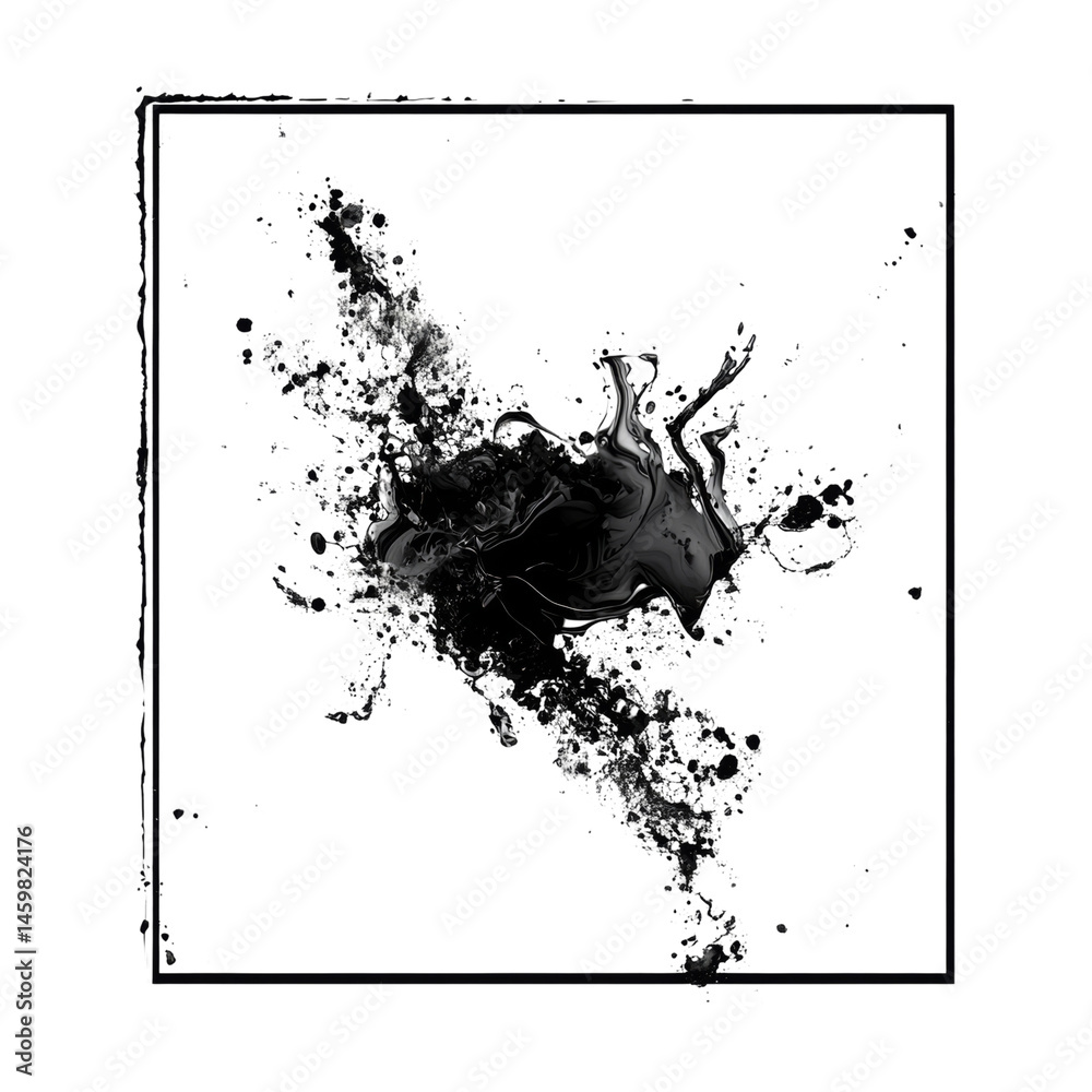 Poster abstract monochrome ink explosion with grunge frame on bright white backdrop