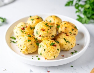 Delicious baked cheese and herb mashed potato balls on white plate