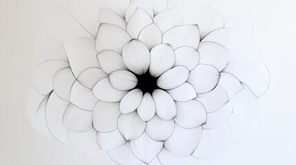 Black and white line drawing of a flower. the flower is in the center of the image and is made up of multiple petals that are arranged in a symmetrical pattern.