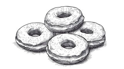 Hand-drawn illustration of glazed doughnuts stacked.