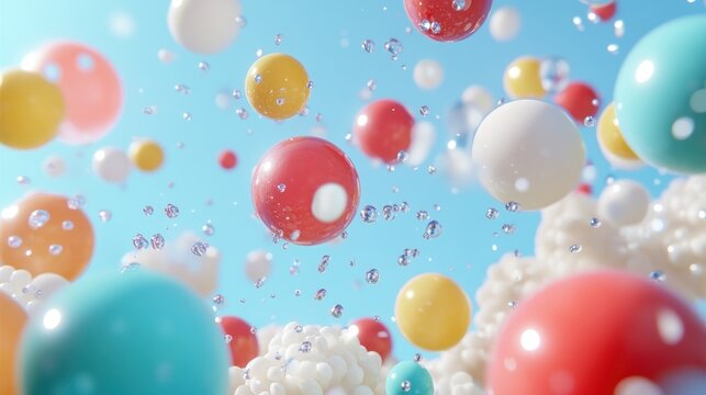 Colorful Spheres Floating in Blue Sky: A Dreamy 3D Render