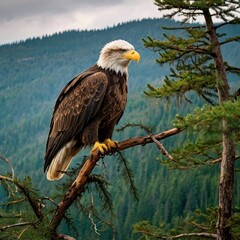 Majestic eagle perched on branch, mountain backdrop