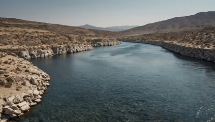 High-resolution photograph of landscape mikonos river surrealist, a minimalist background, focusing on detail and texture.
