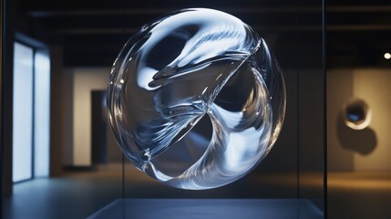 A holographic installation displaying a rotating abstract form suspended in mid-air.