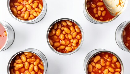 Open cans of baked beans arranged on white background