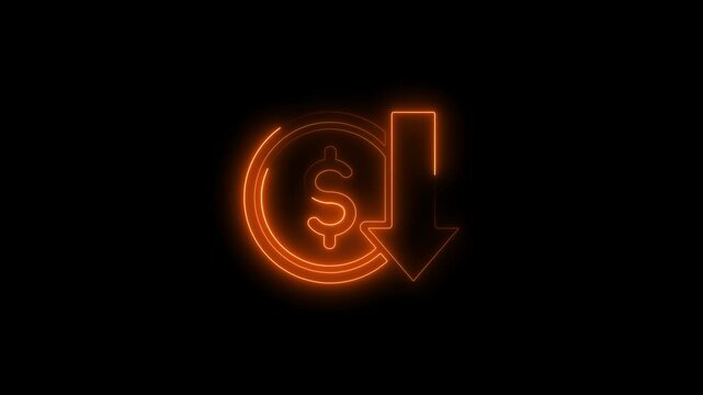 Neon cost reduction icon animation. Dollar down icon. Low price dollar concept.
