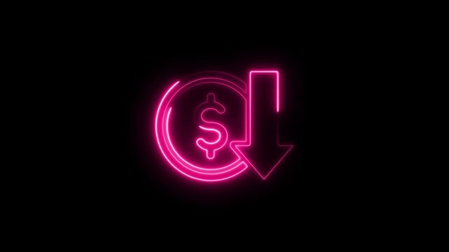 Neon cost reduction icon animation. Dollar down icon. Low price dollar concept.