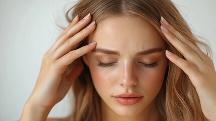 Naklejka premium Woman examining wrinkles while pulling back hair in natural light setting at home