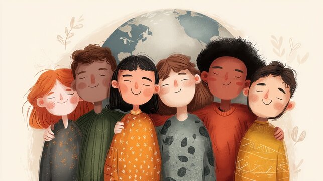 Whimsical illustration of smiling diverse children standing in front of a globe with arms around each other representing unity and harmony for International Day of Friendship concepts